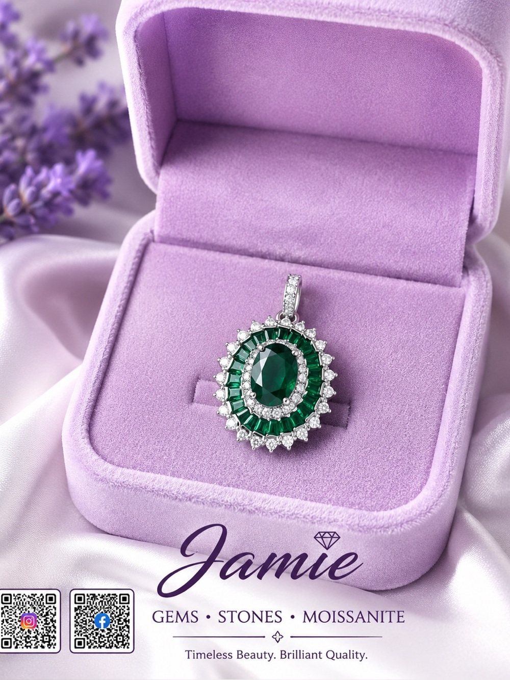 Natural 3.1 Carat Colombian Emerald And White Topaz Pendant